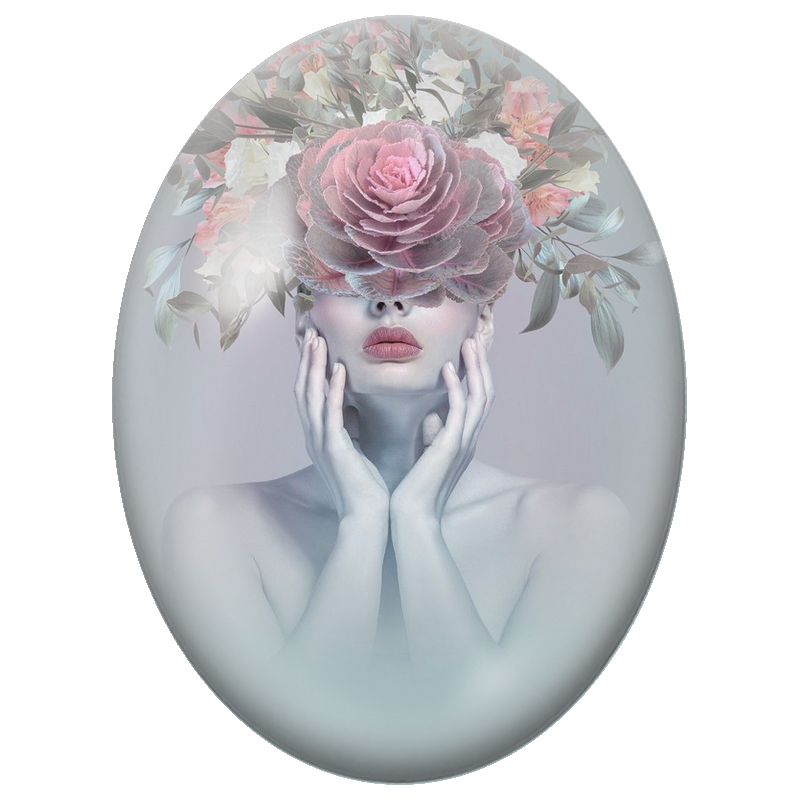 Cabochon en Verre Illustré Femme au Bouquet de Chou Rose sur les Yeux 13x18, 18x25 ou 30x40mm