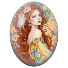 Cabochon en Verre Illustré Femme Rousse aux Spirales Pastel et Or pour la Création de Bijoux Fantaisie - DIY