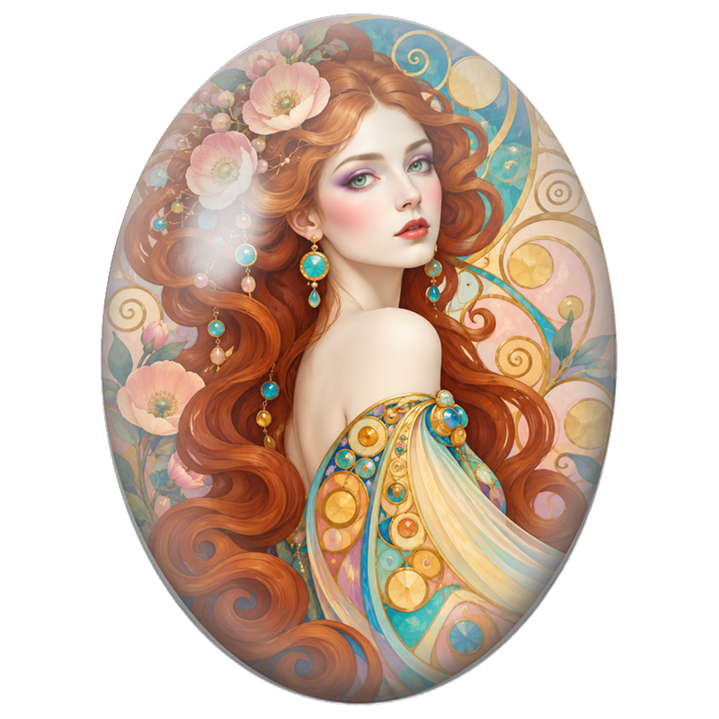Cabochon en Verre Illustré Femme Rousse aux Spirales Pastel et Or 13x18, 18x25 ou 30x40mm