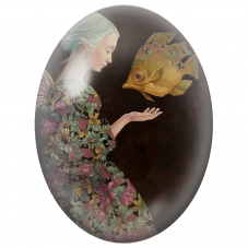 Cabochon en Verre Illustré Fée aux Fleurs présentant un Poisson Doré pour la Création de Bijoux Fantaisie - DIY