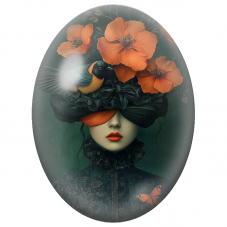 Cabochon en Verre Illustré Femme au Bandeau Noir et Coquelicots Orange pour la Création de Bijoux Fantaisie - DIY