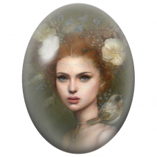 Cabochon en Verre Illustré Femme Rousse à l’Oiseau et Papillons Bleus pour la Création de Bijoux Fantaisie - DIY