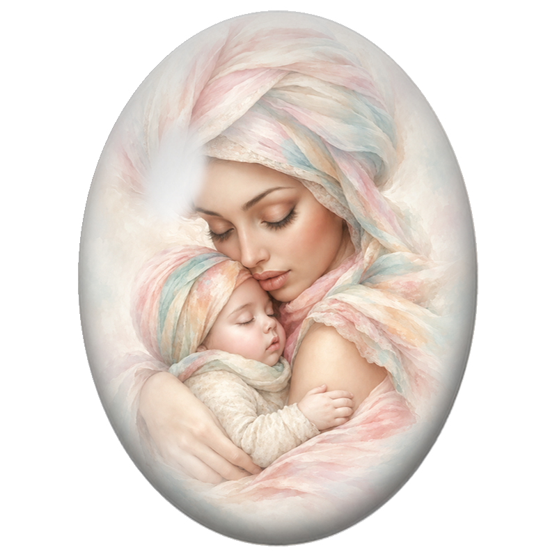 Cabochon en Verre Illustré Mère au Turban Berçant son Bébé 13x18, 18x25 ou 30x40mm