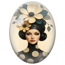 Cabochon en Verre Illustré Femme au Turban Noir et Grandes Fleurs pour la Création de Bijoux Fantaisie - DIY