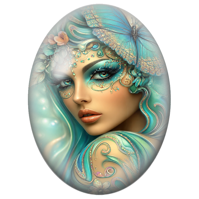 Cabochon en Verre Illustré Femme Rousse en Robe Dorée au Jardin de Roses 13x18, 18x25 ou 30x40mm
