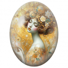 Cabochon en Verre Illustré Femme aux Spirales et Fleurs Dorées pour la Création de Bijoux Fantaisie - DIY