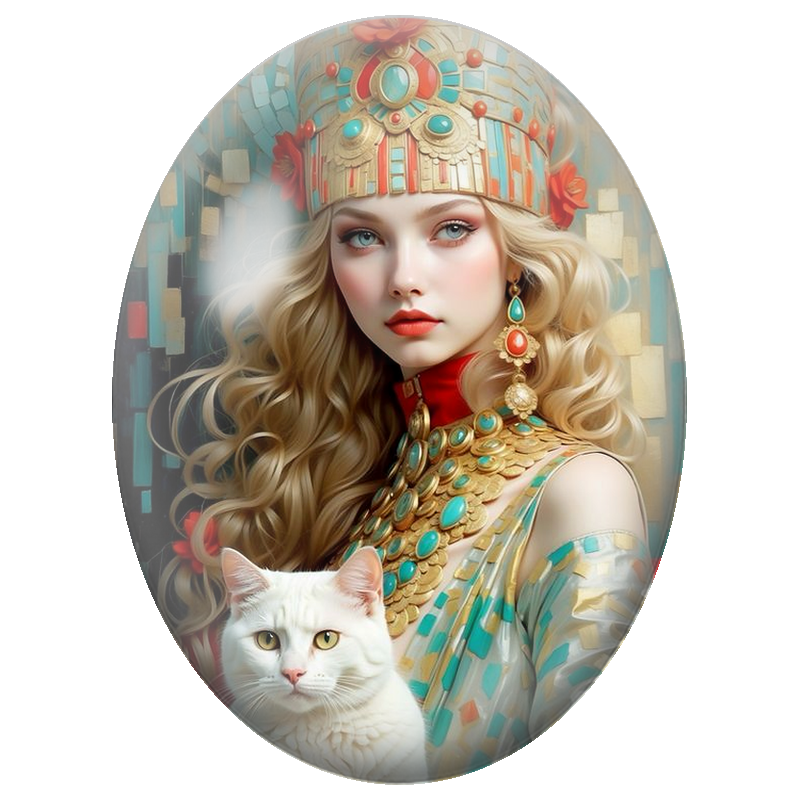 Cabochon en Verre Illustré Femme Blonde avec Chat Blanc en Parure Turquoise 13x18, 18x25 ou 30x40mm