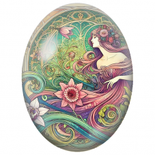 Cabochon en Verre Illustré Femme aux Cheveux Roses dans un Jardin Art Nouveau pour la Création de Bijoux Fantaisie - DIY
