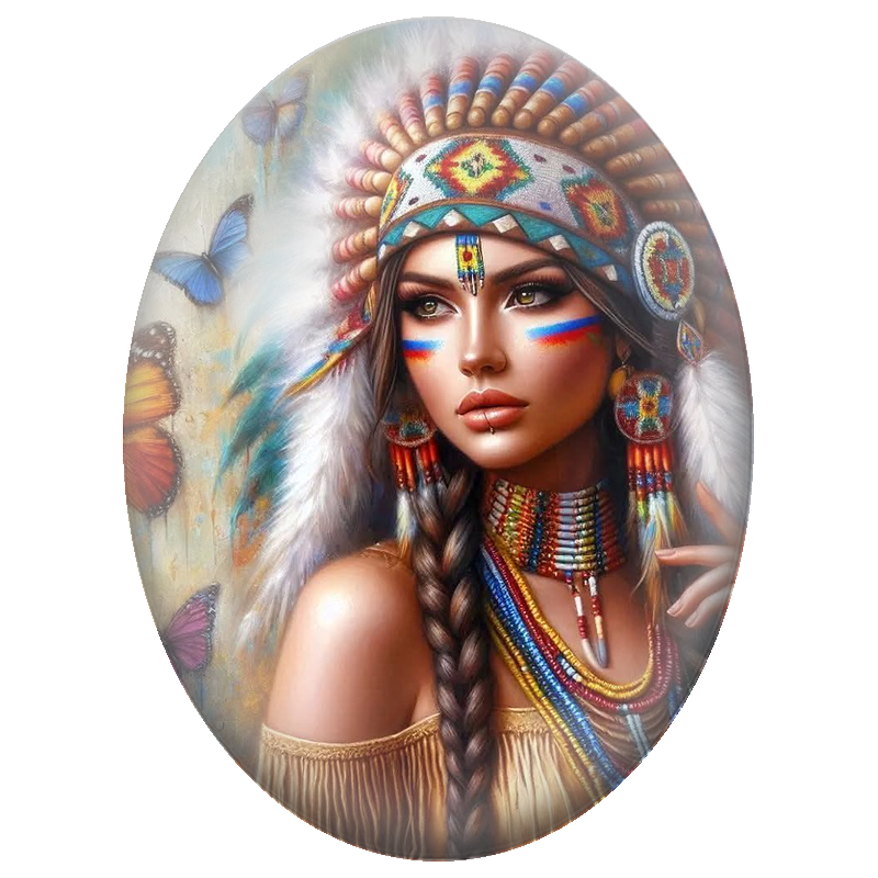 Cabochon en Verre Illustré Femme Amérindienne aux Papillons Colorés 13x18, 18x25 ou 30x40mm
