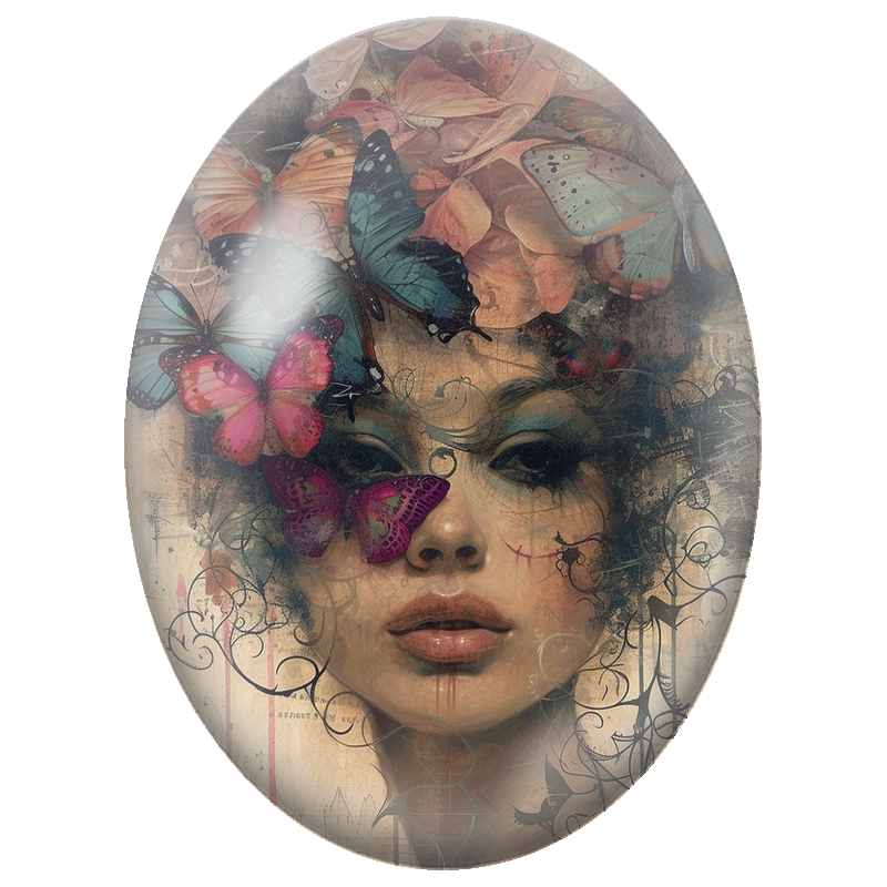 Cabochon en Verre Illustré Visage Féminin aux Papillons Multicolores 13x18, 18x25 ou 30x40mm
