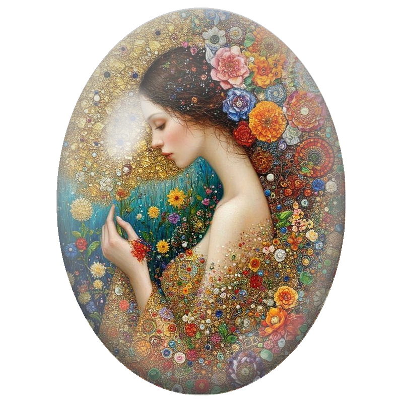 Cabochon en Verre Illustré Femme au Jardin de Fleurs Précieuses 13x18, 18x25 ou 30x40mm