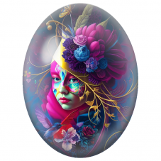 Cabochon en Verre Illustré Femme au Masque Coloré et Coiffe Fleurie pour la Création de Bijoux Fantaisie - DIY