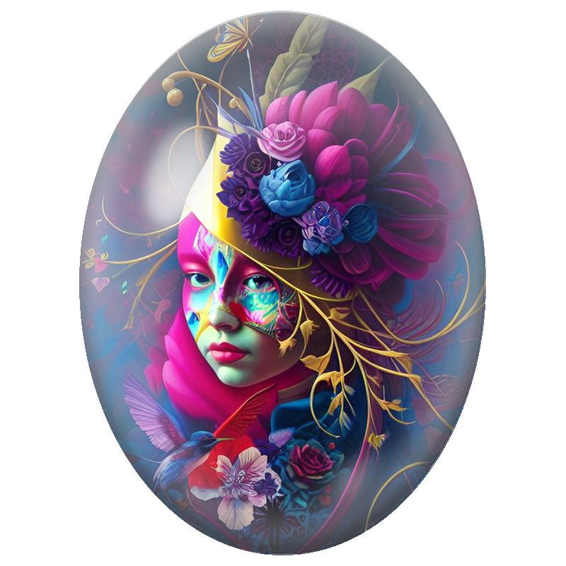 Cabochon en Verre Illustré Femme au Masque Coloré et Coiffe Fleurie 13x18, 18x25 ou 30x40mm