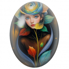 Cabochon en Verre Illustré Femme à la Rose Bleue et Feuilles d’Automne pour la Création de Bijoux Fantaisie - DIY