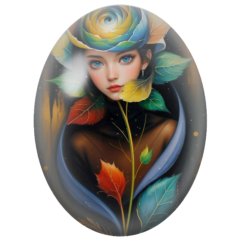 Cabochon en Verre Illustré Femme à la Rose Bleue et Feuilles d’Automne 13x18, 18x25 ou 30x40mm