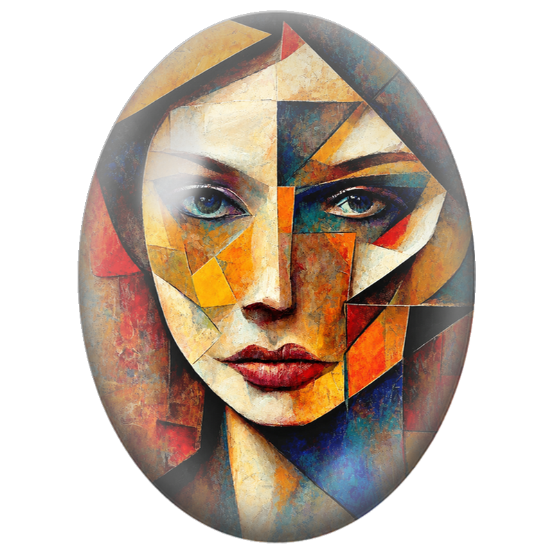 Cabochon en Verre Illustré Visage Féminin Cubiste Orange et Bleu 13x18, 18x25 ou 30x40mm