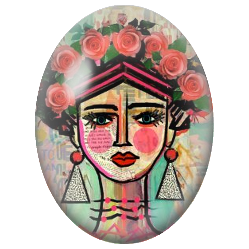 Cabochon en Verre Illustré Frida Kahlo aux Roses Rouges Graphiques 13x18, 18x25 ou 30x40mm