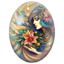 Cabochon en Verre Illustré Femme aux Cheveux Bleus et Lys Roses pour la Création de Bijoux Fantaisie - DIY
