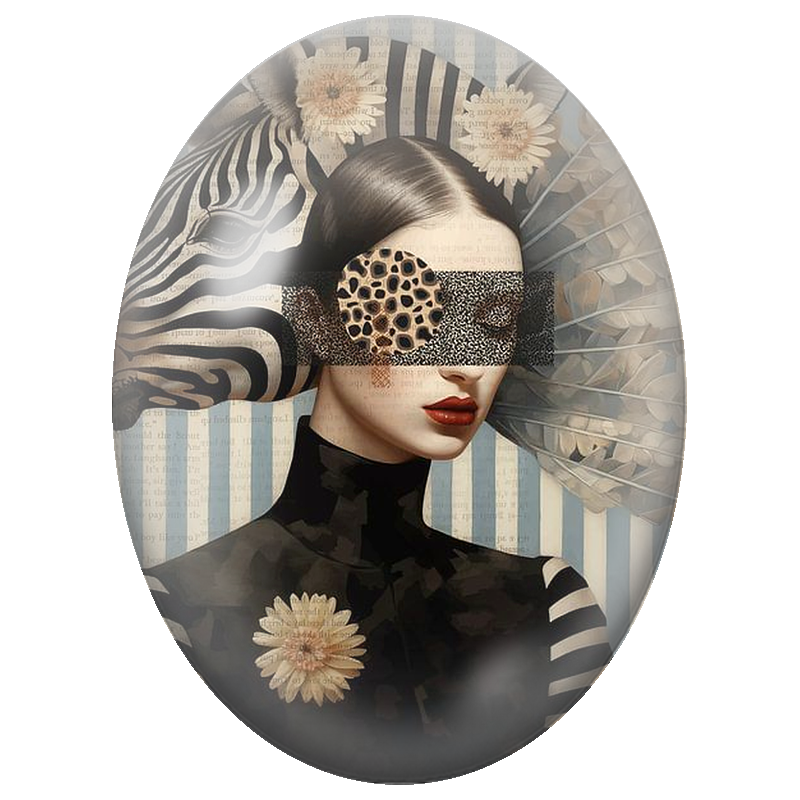 Cabochon en Verre Illustré Femme Masquée au Zèbre et aux Marguerites 13x18, 18x25 ou 30x40mm