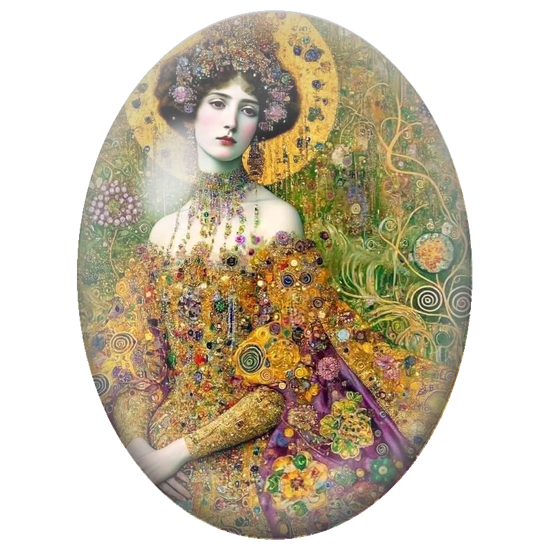 Cabochon en Verre Illustré Femme aux Joyaux d’Or et Jardin Précieux 13x18, 18x25 ou 30x40mm