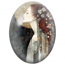 Cabochon en Verre Illustré Femme Rousse aux Fleurs sous la Lune Dorée pour la Création de Bijoux Fantaisie - DIY