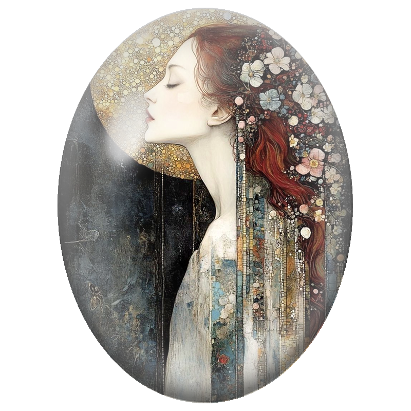 Cabochon en Verre Illustré Femme Rousse aux Fleurs sous la Lune Dorée 13x18, 18x25 ou 30x40mm