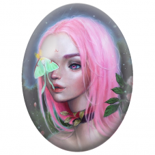 Cabochon en Verre Illustré Femme aux Cheveux Roses et Papillon de Lune pour la Création de Bijoux Fantaisie - DIY