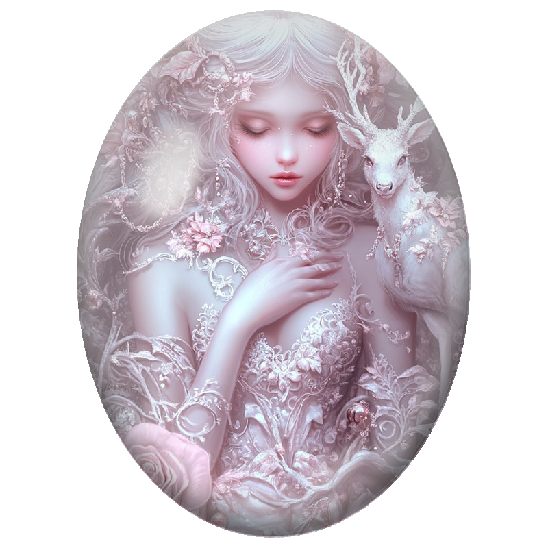 Cabochon en Verre Illustré Femme Blanche au Cerf dans les Roses Poudrées 13x18, 18x25 ou 30x40mm