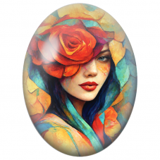 Cabochon en Verre Illustré Femme à la Rose Rouge et Feuilles Colorées pour la Création de Bijoux Fantaisie - DIY