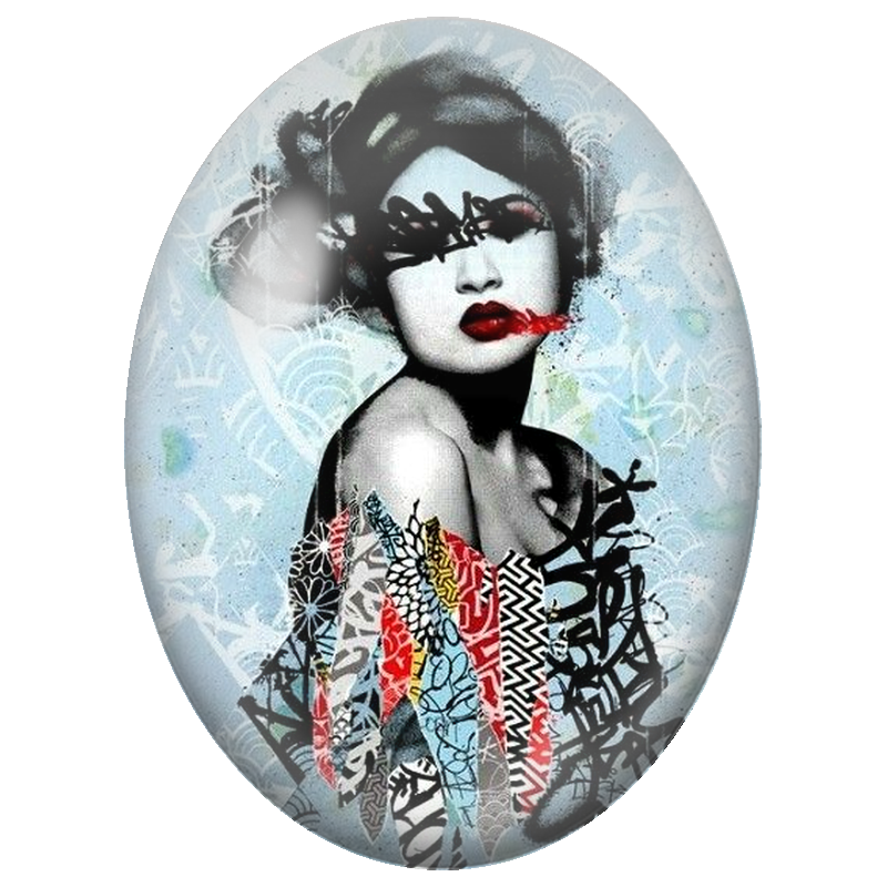 Cabochon en Verre Illustré Femme aux Lèvres Rouges et Graffitis 13x18, 18x25 ou 30x40mm