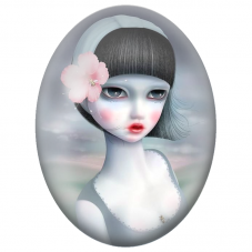 Cabochon en Verre Illustré Jeune Femme Pâle à la Fleur d’Hibiscus pour la Création de Bijoux Fantaisie - DIY