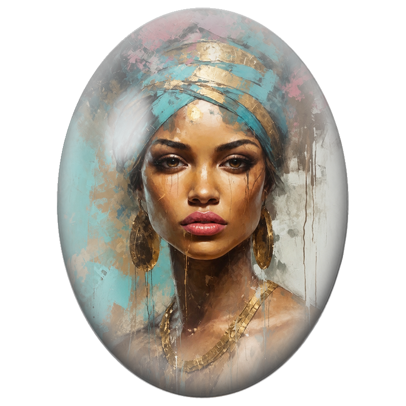 Cabochon en Verre Illustré Femme au Turban Turquoise et Bijoux Dorés 13x18, 18x25 ou 30x40mm