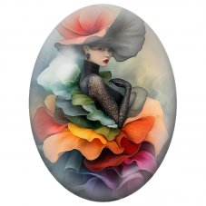 Cabochon en Verre Illustré Femme au Chapeau Fleur et Robe de Pétales pour la Création de Bijoux Fantaisie - DIY