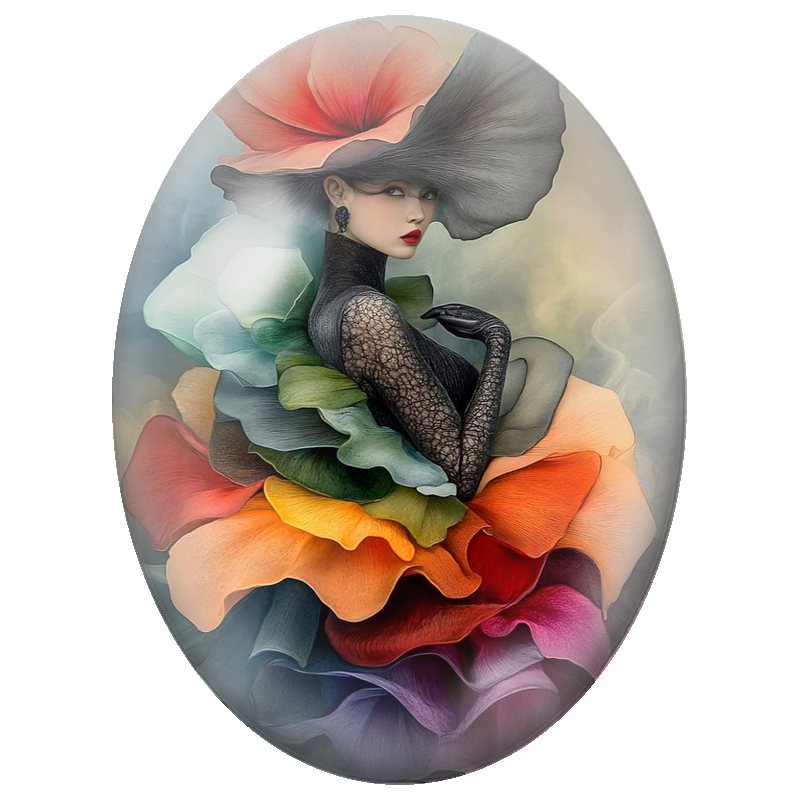 Cabochon en Verre Illustré Femme au Chapeau Fleur et Robe de Pétales 13x18, 18x25 ou 30x40mm
