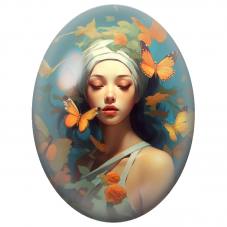 Cabochon en Verre Illustré Femme aux Papillons Orange et Fleurs pour la Création de Bijoux Fantaisie - DIY