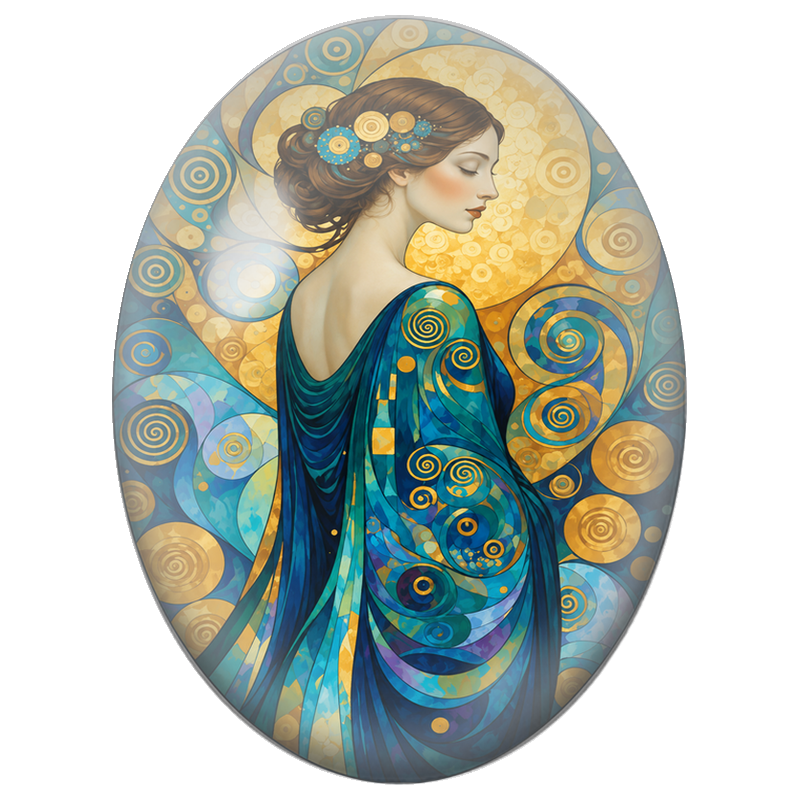 Cabochon en Verre Illustré Femme aux Spirales Bleues et Lune Dorée 13x18, 18x25 ou 30x40mm