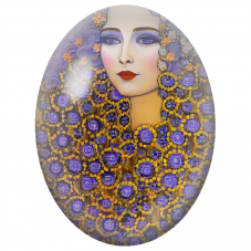 Cabochon en Verre Illustré Femme aux Fleurs Violettes et Perles d’Or pour la Création de Bijoux Fantaisie - DIY
