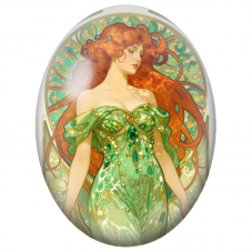 Cabochon en Verre Illustré Femme Rousse à la Robe Verte Art Nouveau pour la Création de Bijoux Fantaisie - DIY