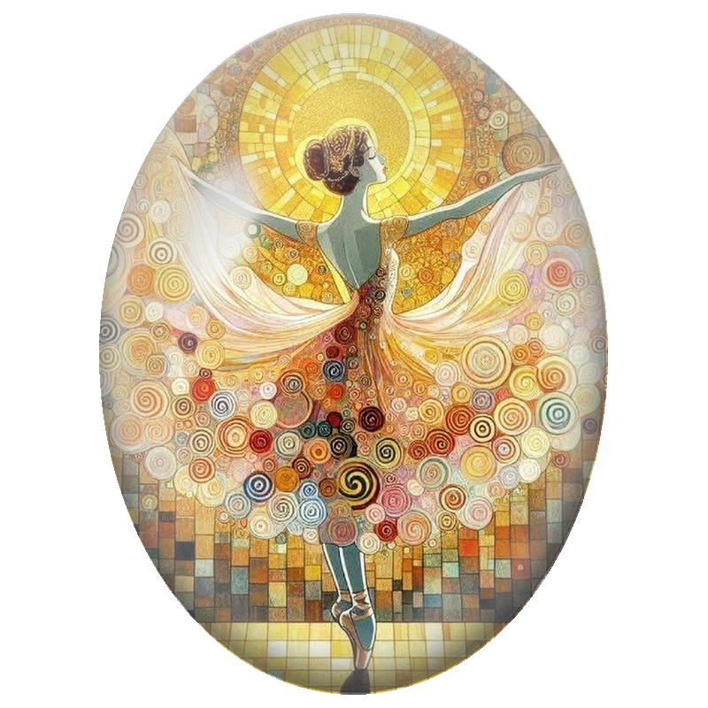 Cabochon en Verre Illustré Danseuse aux Ailes de Spirales Dorées 13x18, 18x25 ou 30x40mm