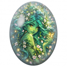 Cabochon en Verre Illustré Fée Verte aux Fleurs de Cerisier pour la Création de Bijoux Fantaisie - DIY