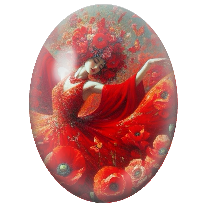Cabochon en Verre Illustré Danseuse Rouge parmi les Coquelicots 13x18, 18x25 ou 30x40mm