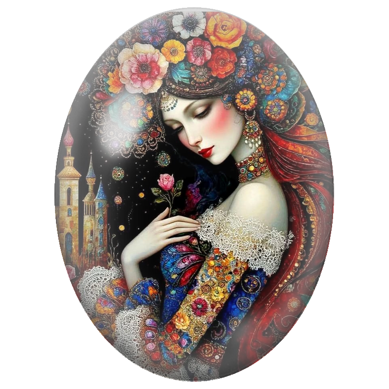 Cabochon en Verre Illustré Femme aux Fleurs Précieuses et Château 13x18, 18x25 ou 30x40mm