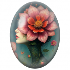 Cabochon en Verre Illustré Femme à la Grande Fleur Rose pour la Création de Bijoux Fantaisie - DIY