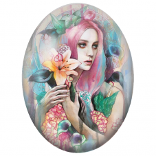 Cabochon en Verre Illustré Femme aux Cheveux Roses et Lys Orange pour la Création de Bijoux Fantaisie - DIY