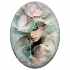 Cabochon en Verre Illustré Femme aux Fleurs Poudrées et Volutes d’Eau pour la Création de Bijoux Fantaisie - DIY