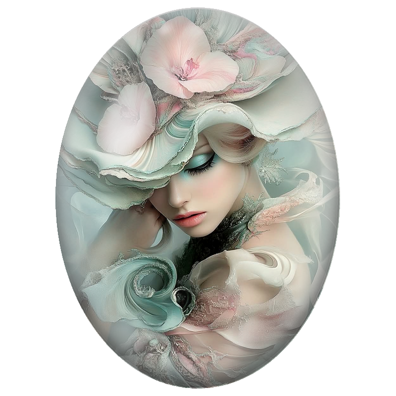 Cabochon en Verre Illustré Femme aux Fleurs Poudrées et Volutes d’Eau 13x18, 18x25 ou 30x40mm
