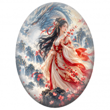 Cabochon en Verre Illustré Femme Japonaise au Dragon et Parasol Rouge pour la Création de Bijoux Fantaisie - DIY