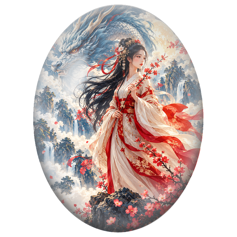 Cabochon en Verre Illustré Femme Japonaise au Dragon et Parasol Rouge 13x18, 18x25 ou 30x40mm