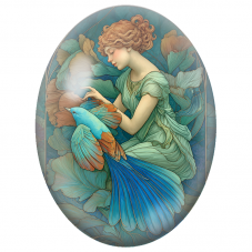 Cabochon en Verre Illustré Femme à l’Oiseau Bleu Art Nouveau pour la Création de Bijoux Fantaisie - DIY