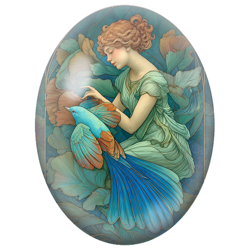 Cabochon en Verre Illustré Femme à l’Oiseau Bleu Art Nouveau 13x18, 18x25 ou 30x40mm